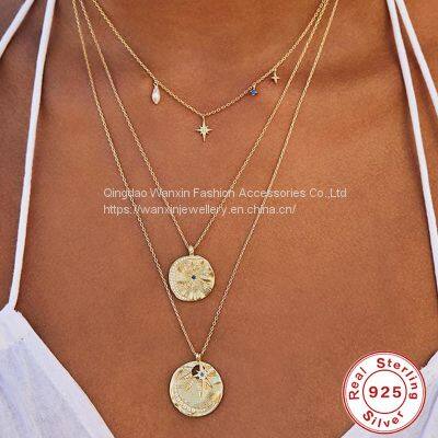 S925 Sterling Silver Octagonal Star Shaped Pearl Collarbone Necklace photo-4