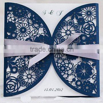 Unique & Handmade Blue Laser Carve Wedding Invitation With Purple Ribbons