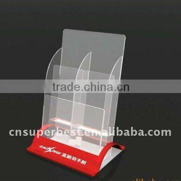 A4 clear acrylic brochure holder with several compartments