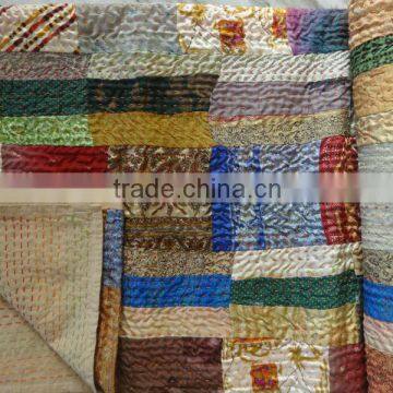 Handmade Patchwork Bedspread, Patchwork with Hand Embroidery, Multicolor Cotton Bedcover