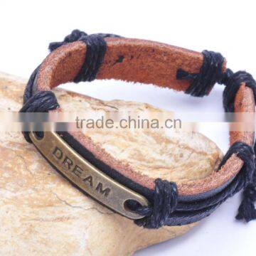 Genuine Leather Bracelet Adjustable with Antique Brass "Dream" Letter Carved Accessory.