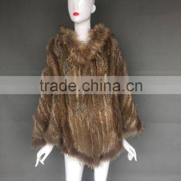 Genuine high quality rabbit & raccoon fur knitted women poncho/shawl with hood