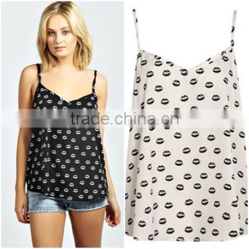 Sexy sleeveless V neck lip print latest design girls top/cute girls tank top