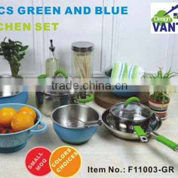 10pcs kitchen cabinet designs stainless steel cookware set with silicon handle / kitchen accessories/blue salad bowls/colander