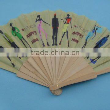 chinese fabric folding hand fans with wooden handle