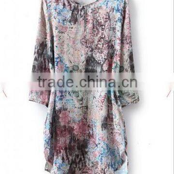 Multicolor Flowers Round Neck Above Knee Blend Dress