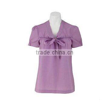 Lilac V-Neck Tie Blouse Short Sleeve Women's Shirt