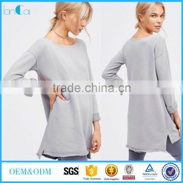 2017 Fashion Design 100% Cotton Longline Long Sleeve And Crew Neck Hoodie For Women