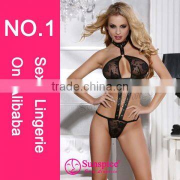 Latest design seductive black floral lace halter teddy rivet sexy leather lingerie