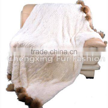 CX-D-108 Hand Knitted Super Cream Real Rex Rabbit Fur Throw Blanket