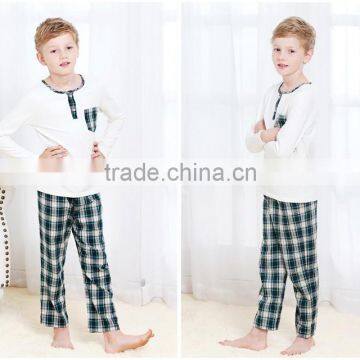 Small MOQ Cotton Boys Cute Pajama Set Knitted Long Sleeve Gingham Pant Children Sleepwear Printed Wicking Kids Weat Set