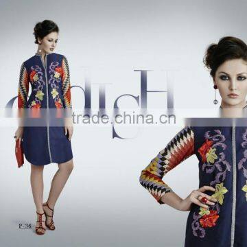 Blue color with Embroidery flower design all over with hi neck border Vogue Designer Kurtis