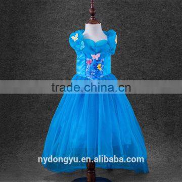 girl blue butterfly princess dress/kuyin g young girl flower printed princess dress/new design girl holiday fashion dress