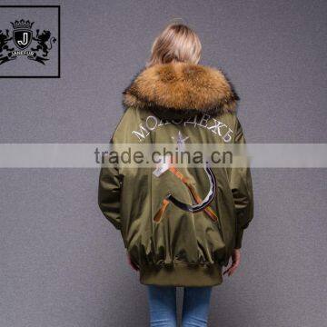 Terse Style Fluffy Collar Ladies Fur Women Winter Embroidery Bomber Jacket