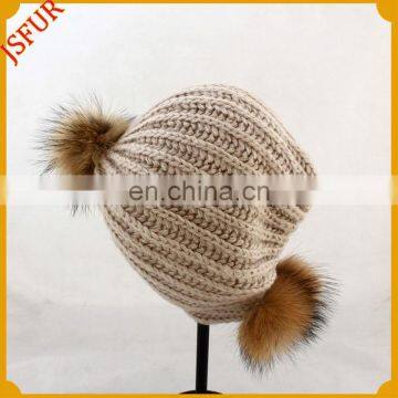 Top quality hat with three raccoon fur pom poms crochet beanie hat