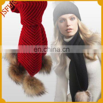 2015 colourful genuine raccoon pompoms winter knit scarf