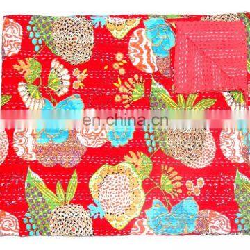 Beautiful Red Color Floral Fruit Printed Indian Handmade Reversible Kantha Quilts Throw Blanket from Online Shop