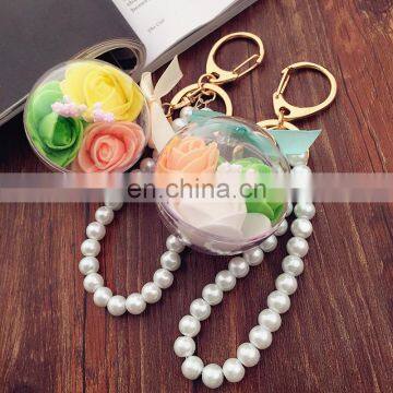 Flower Inside transparent ball key rings pearl keychain for car bag accessories