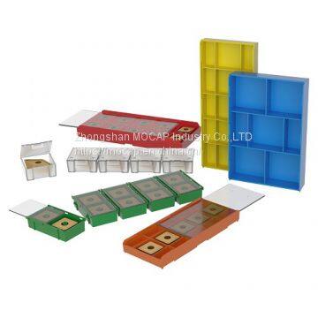 Plastic packaging box for carbide inserts with quick press closure of lid Insert Box IB