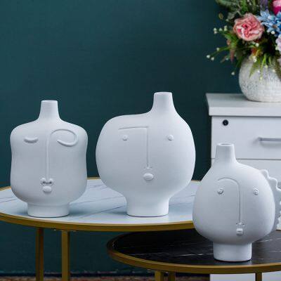 Abstract People Face Nordic Style White Ceramic Vase Three-Piece For Soft Decoration