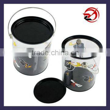 clear PVC plastic bucket with metal lid and handle