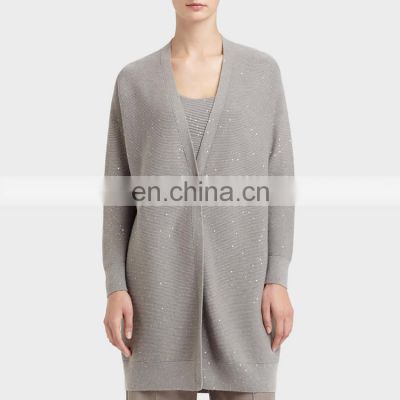 Women Gray Long Length Style Cashmere Cardigan With Button