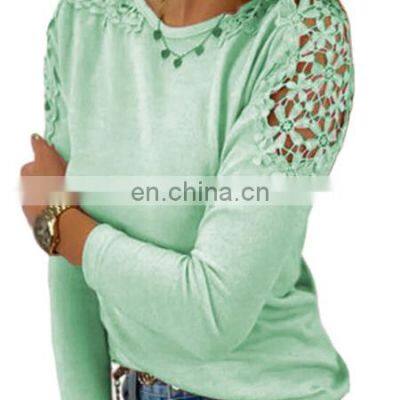 European and American hot models 2021 spring new Amazon AliExpress solid color Slim lace hollow ladies long-sleeved T-shirt