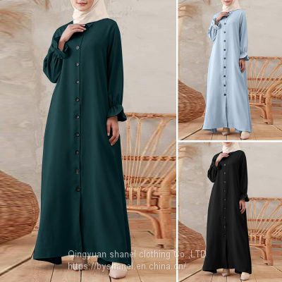 BS-FC323 Muslim Dresses for Women with Pockets Long Retro Button Hooded Long Sleeve Solid Color Round Neck Maxi