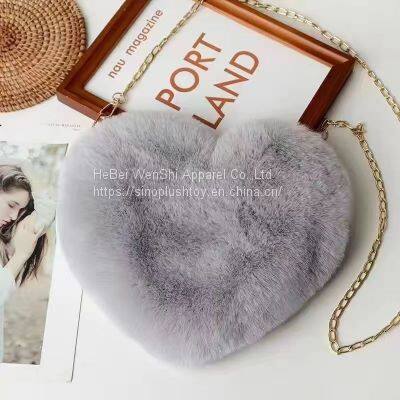 012New Plush Faux Fur Winter Tote Chain Crossbody Bag Small Cute Heart Sharp Tote Pink Red Black Purse photo-3