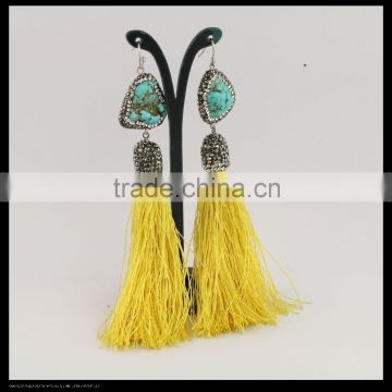 LFD-080E fashion tassel long earrings, turquoise & tassel dangle hook earrings,crystal rhinestone pave charm earring for women