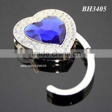 Blue Heart Crystal Rhinestones Fashion Lady Woman Hnadbag Hook Holder Foldable Alloy Metal Heart Bag Hanger