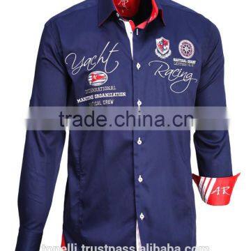 Awesome Wholesale Long Sleeve Navy Blue Satin Pure Cotton Slim Fit Nautical Shirts for Men