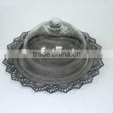 100061F-1- Antique Grey Metal and Glass Dome Holder photo-1