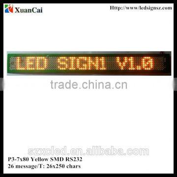 New! Yellow color Ultra-thin P3-7X80 SMD 26messages serial port running message text led display board