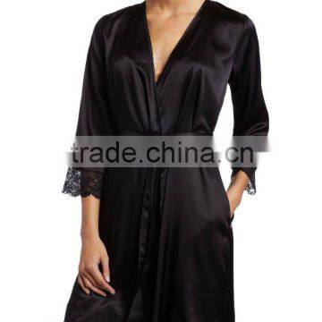 Black short satin kimono bathrobe/lounge robe with lace