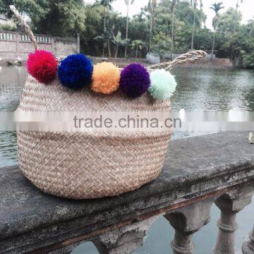 High quality natural seagrass belly basket with colorful pompoms