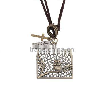 Vintage Genuine Leather Necklace with Antique Brass Owl Stays on the Window Pendant.