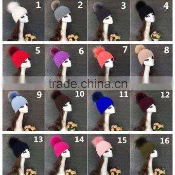 Wholesale UK Style Colorful Wool Crochet Hat With Raccoon Fur Pom Poms Crochet Knit Hat