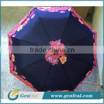 beautiful heat transfer printing auto open 3 folding umbrellas with custom brand logo label