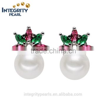 8mm AAA button shaped colorful zircon beaded natural freshwater korean pearl earring stud