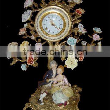 Ancient Collectable Antique Brass and Ceramic Table Clock, Decorative Lady Dancing Under Flower Tree Desk Clock photo-3