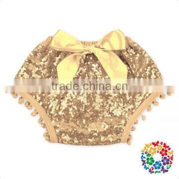 Aqua Sequins Baby Pom Bloomers With Bow Back Pom Pom Baby Pants & Shorts photo-6