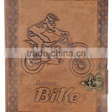 Handmade vintage tan color embossed antique bike leather journal with clasp
