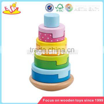 Wholesale high quality wooden cake shape stacking tower lovely baby wooden cake stacking tower toy W13D043