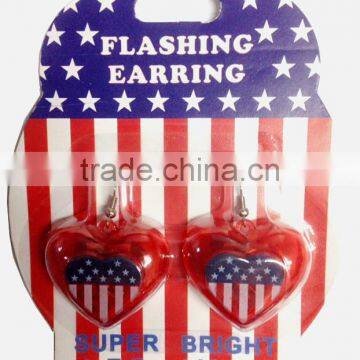 US independence day party favor led light plastic heart shape pedant 4th of july flashing earrings