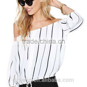 Brief Sexy Black White Striped Long Sleeve Chiffon Women Blouse Slash Neck Casual Sale Sheer Shirts