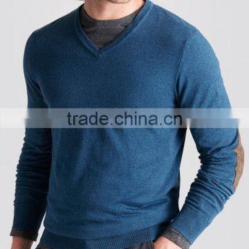 High Quality 12GG casual men's v-neck 100% cashmere sweater with elbow patches (BKNM10)