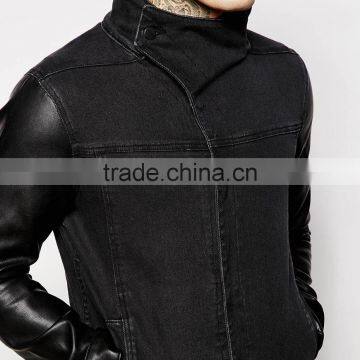 Fashion Denim Black Sleeves Leather Jacket With Pocket Custom Design photo-3