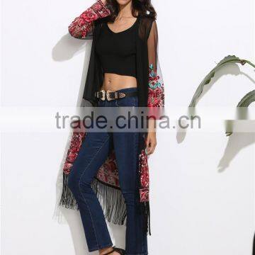 Women Long Sleeve Fashion Beachwear See Through Chiffon Long Fringe Mesh Kimono With Floral Print photo-5