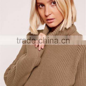 Oversized Drop Shoulder Roll Neck Crop Jumper Knitwear Sweater High Collar Pullover Brown Women Winter Clothings photo-5